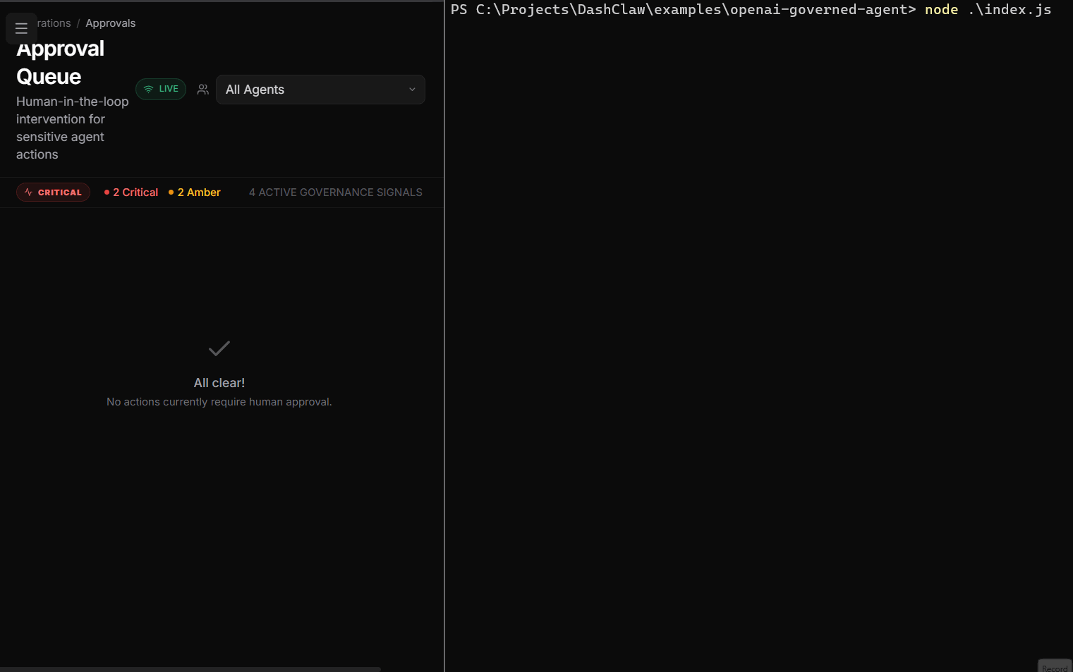 DashClaw decision interception in action